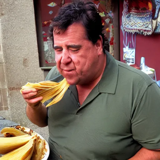 Prompt: Fred Flintstone eating tamales