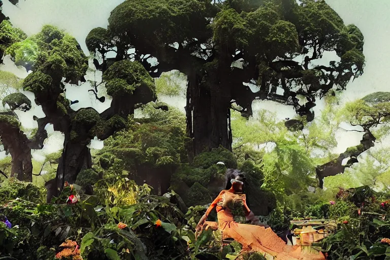 Prompt: illustration of elegant black woman watching spacecraft land in garden of english country mansion, baobab trees, distant town in valley and hills, by norman rockwell, jack kirby, john berkey, bergey, craig mullins, ruan jia, raymond swanland, jeremy mann, tom lovell, morgan weistling, carl spitzweg