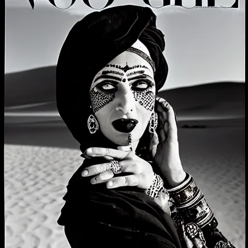 Prompt: a beautiful professional photograph by hamir sardar, herb ritts and ellen von unwerh for the cover of vogue magazine of a moroccan berber female woman with a face tattoo looking at the camera in a flirtatious way, hasselblad 5 0 mm f 1. 8 lens