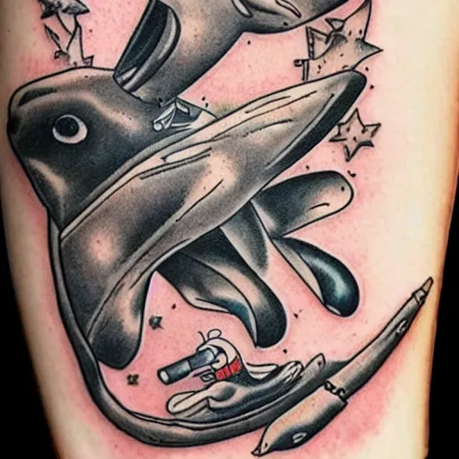 Image similar to Rabbit holding gun in his paws, riding on a killer whale style of traditional American tattoo by Sailor Jerry