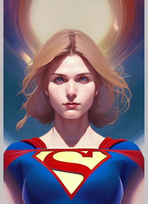 Image similar to symmetry portrait of supergirl, intricate, elegant, highly detailed, digital painting, artstation, concept art, smooth, sharp focus, illustration, art by artgerm and greg rutkowski and alphonse mucha, 8 k