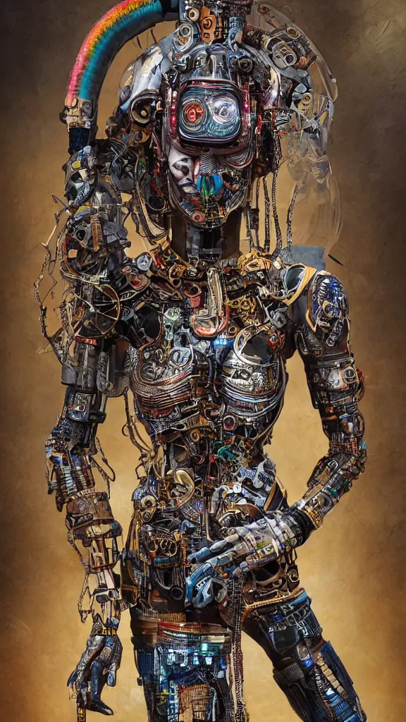 Prompt: intricately - detailed - cyborg with african - mask and lots of thick long braids and electrical cables, colorful - patterns, symmetrical, realistic - portrait, cyber - punk background, professional studio lighting with subtle shadows, hyper realism, art by tim okamura and karol bak, blender cycles render, 8 k