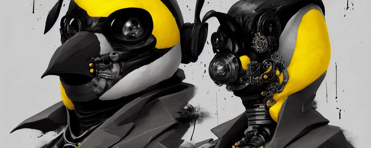 Image similar to duotone yelow black white concept illustration of 3 / 4 portrait of penguin with penguin beak as steampunk cyborg. cinematic volumetric lighting. golden ratio accidental renaissance. by sachin teng and sergey kolesov and ruan jia and heng z. graffiti art, scifi, fantasy, hyper detailed. octane render. concept art. trending on artstation