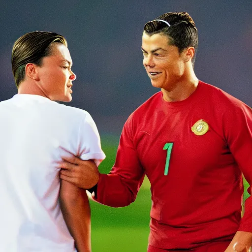 Image similar to christiano ronaldo crying while hugging leonardo decaprio. standing on the moon on a field of tomatoes. high definition. award winning. high resolution