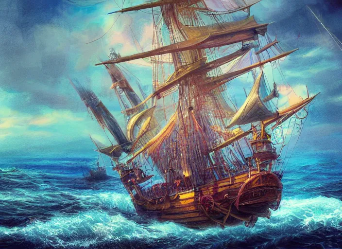 Prompt: detailed concept art illustration colorful pastel painting of a pirate ship on the ocean in full intricate sails and water, ultra detailed, digital art, octane render, 4K, dystopian, micro details