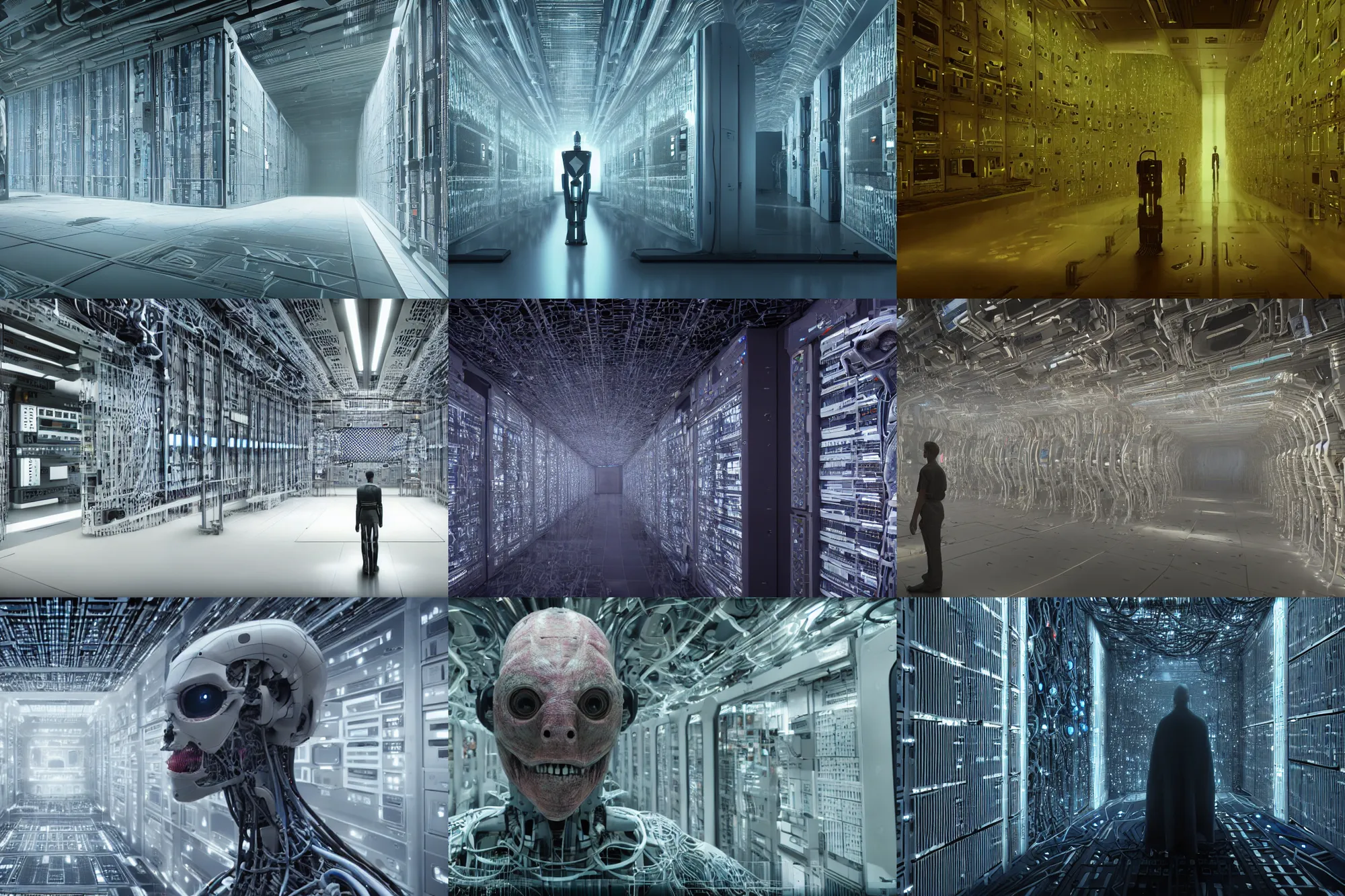 Prompt: extremely detailed realistic movie still 3 0 7 7 portrait shot of a robot in an endless supercomputer data centre by denis villeneuve, wayne barlowe, simon birch, philippe druillet, beeple, volumetric sunlight from small windows