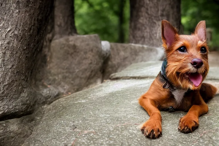 Image similar to closeup portrait of a small brown dog licking its nose with its tongue in central park, natural light, sharp, detailed face, magazine, press, photo, Steve McCurry, David Lazar, Canon, Nikon, focus