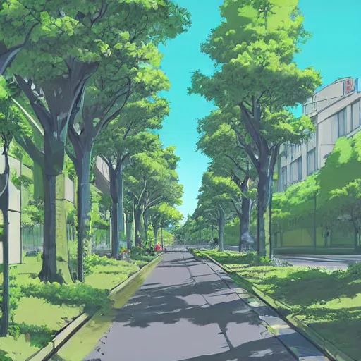 Prompt: private academy entrance, boulevard, dense trees, building in the distance, overhanging branches, long road, cel - shading, 2 0 0 1 anime, flcl, jet set radio future, the world ends with you, kid a, cel - shaded, strong shadows, vivid hues, y 2 k aesthetic, art by artgerm
