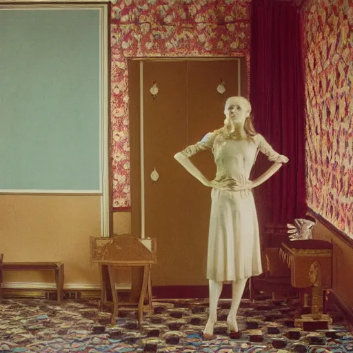 Image similar to a young ivory and golden filigree girl in an soviet liminal abandoned room, film still by wes anderson, depicted by balthus, limited color palette, very intricate, art nouveau, highly detailed, lights by hopper, soft pastel colors