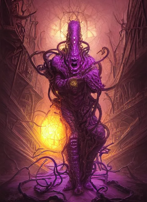 Image similar to dark lovecraft horror machine glowing reptile eyes, purple and yellow metal armor, elegant, highly detailed, centered, digital painting, artstation, concept art, smooth, sharp focus, illustration, artgerm, tomasz alen kopera, peter mohrbacher, donato giancola, joseph christian leyendecker, wlop, frank frazetta