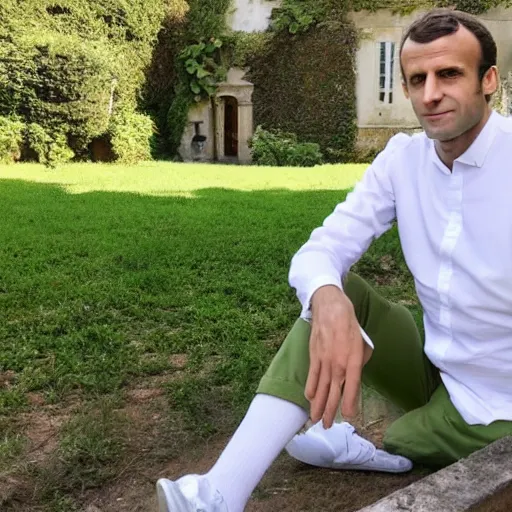 Prompt: mid white hair old emmanuel macron with green shirt and white short, sitting in ile de re house garden