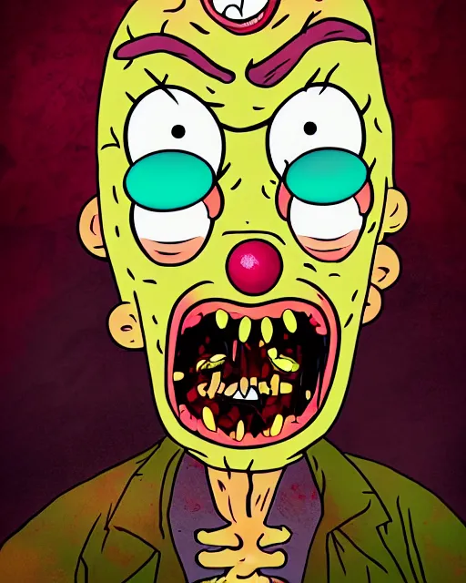 Prompt: portrait of an ugly old possessed crying clown in the style of justin roiland. ugly, creepy, demonic, horror. cinematic lighting. style of rick & morty. photographic, photography. by justin roiland