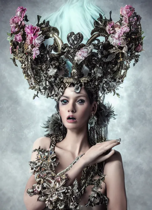 Prompt: full body environmental portrait photo of a goddess as angel, ornate headpiece made from flowers, ornaments, glamour shot by gemmy woud - binnendijk, chris knight, photorealistic, canon r 3, fashion photography, ornate, elegant, luxury and elite, symmetrical features, octane render, unreal engine, solid dark grey background, dramatic lights