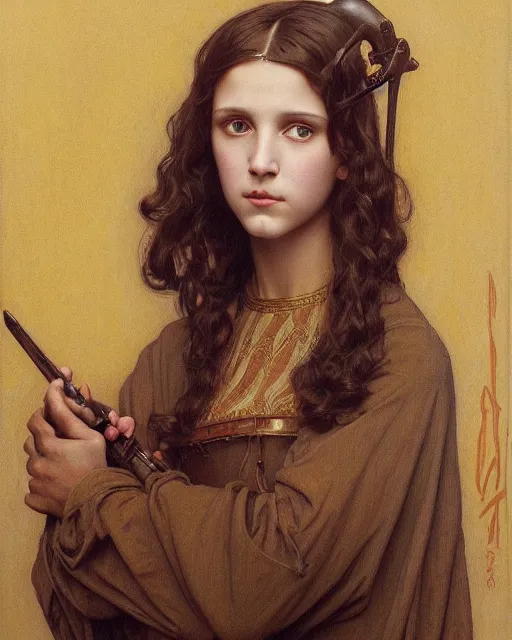 Image similar to an art nouveau painting of a girl resembling alicia vikander or millie bobby brown in an oversize t - shirt, highly detailed, intricate, artstation, by donato giancola and william adolphe bouguereau