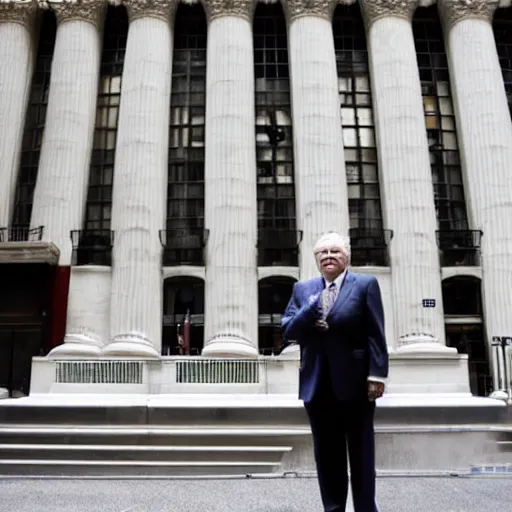 Image similar to warren buffet as spoderman standing outside wall street stock exchange, reality, realistic, detailed, 8 k, award winning, wide shot,