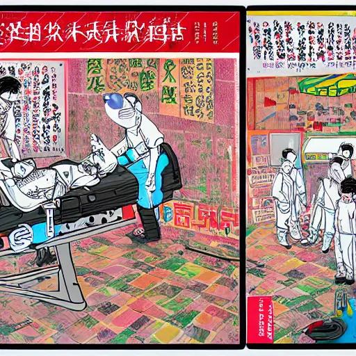 Image similar to chinese surgery operating table, in the style of daniel johnston and outsider art, 8k, line brush, overlaid with traditional chinese adverts