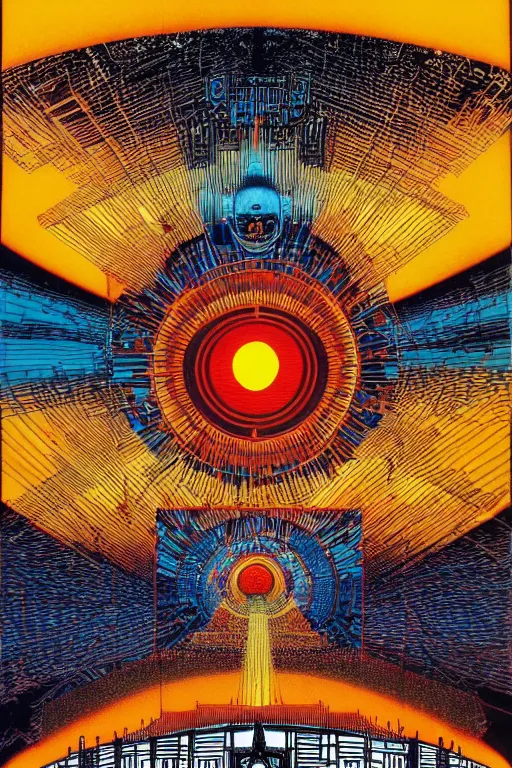 Image similar to a blazing geometric sun above a techno buddha, detailed, 4 k, warm colours, by stanley donwood and philippe druillet,