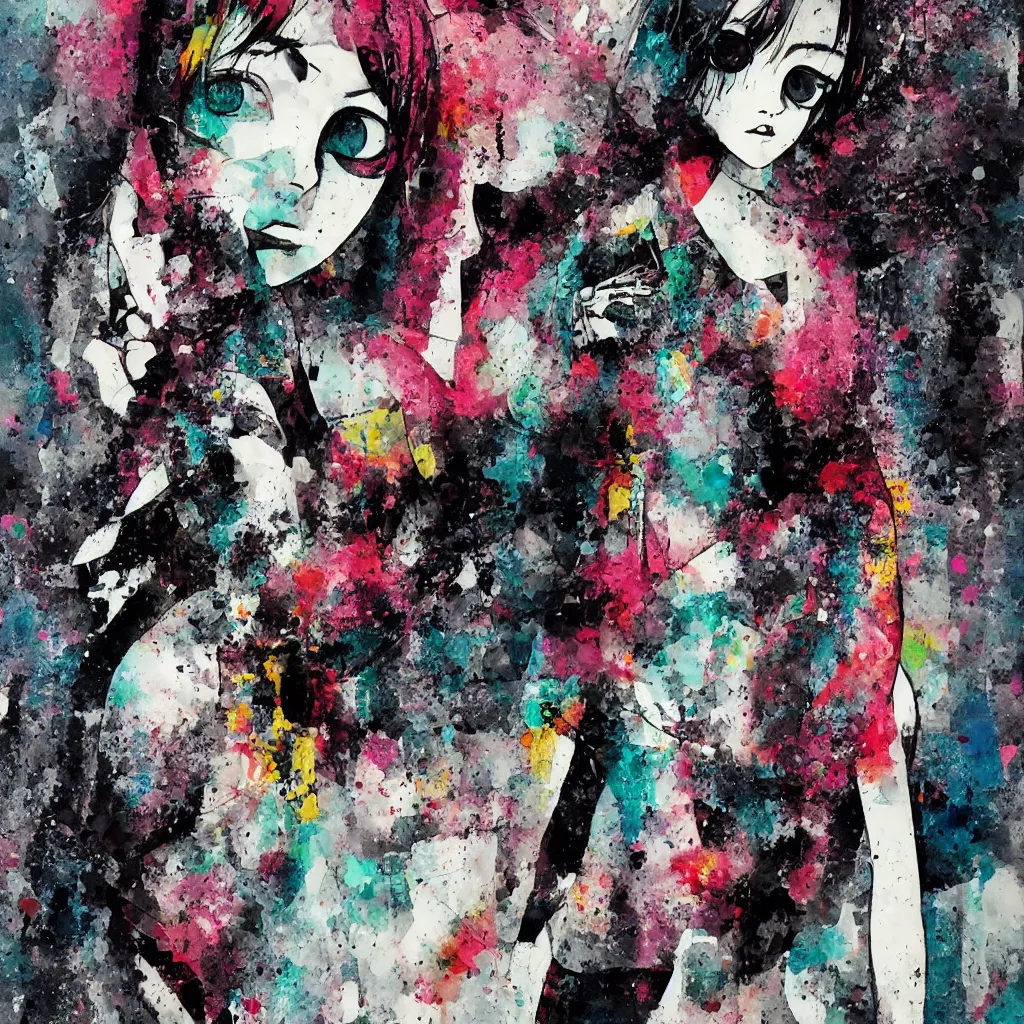 Image similar to girl figure, abstract, jet set radio artwork, ryuta ueda artwork, cryptic, rips, spots, asymmetry, stipple, lines, splotch, color tearing, pitch bending, stripes, dark, ominous, eerie, hearts, minimal, points, technical, old painting, natsumi mukai artwrok, folds