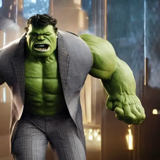 Image similar to a still of Joe Fixit Grey Hulk wearing a pinstripe suit and fedora appearing in Avengers: Infinity War