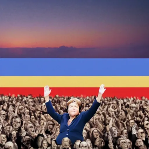 Prompt: angela merkel standing heroically on a pile of dead bodies while waving the eu flag during sunset, hyper realistic with detailed shadows