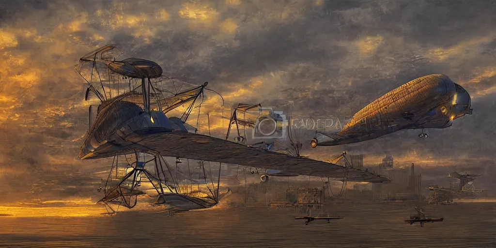 Prompt: Steampunk Air Haven, Zeppelins, digital Art, sunset lighting