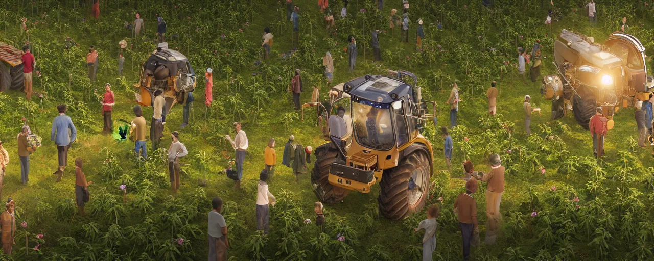 Prompt: portrait of symmetrical friendly farmers, with detailed smiling faces, harvesting an orchard on a space station, with fruit trees, supported by advanced elegant machinery, near a galaxy, insanely detailed and intricate, golden ratio, elegant, ornate, elite, haunting, 30mm, cinematic, trending in cgsociety, unreal engine, 8k, miyazaki, vivid and vibrant