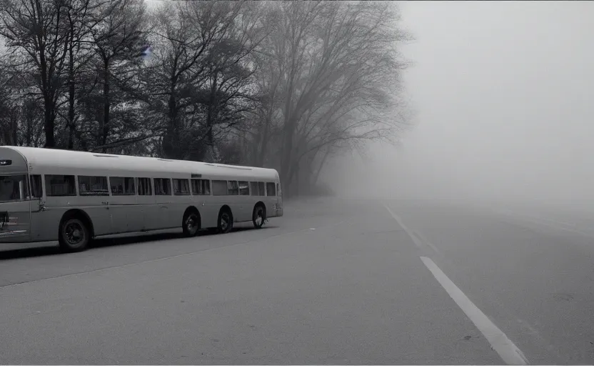 Prompt: exterior traveling greyhound bus circa 2 0 1 5, being john malcovich directed by charlie kaufman ( 2 0 0 1 ), shot with 2 4 mm lens anamorphic lenses, dp hoyte, foggy volumetric light morning, cinematic mood, 3 5 mm kodak film