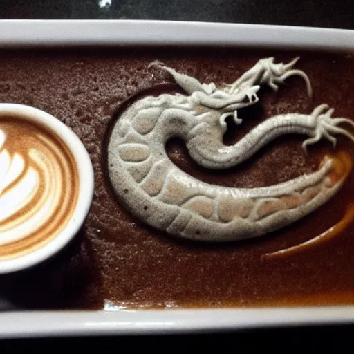 Prompt: photo, asian dragon's head as latte art, dragon face, playful, award winning,