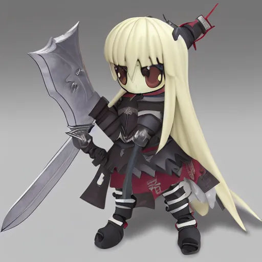 Prompt: cute chibi fumo plush of a heavy sword wielding paladin, shadow armor, monster girl, stylized cel shading, vray