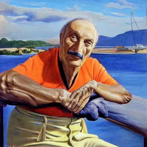 Image similar to painting by salvador dali of a senior caucasian man wearing an orange and black tshirt with white sleaves, sitting on a deck with his back turned near the harbor, boats and water. it i a beautiful summer day