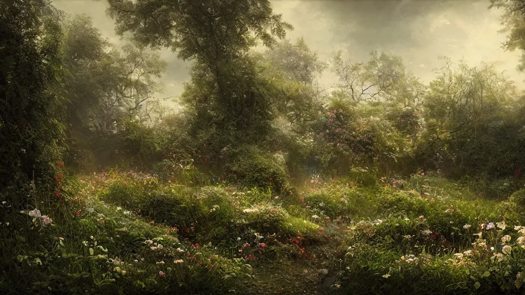 Prompt: the secret garden is overgrown with weeds and growth. no snow. andreas achenbach, artgerm, mikko lagerstedt, zack snyder, tokujin yoshioka