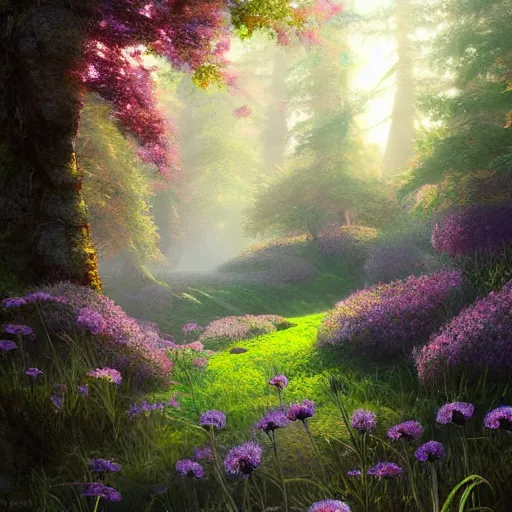 Image similar to a flowering meadow a forest behind it, epic fantasy, detailed, intricate, digital painting, concept art, realistic, smooth, focus, rim light