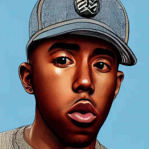 Prompt: hyper realistic tyler the creator, wearing hat, anime style, fashion clothing, shoulder eyes, last exile anime, symmetrical facial features, from arknights, hyper realistic, 4 k, rule of thirds, extreme detail, detailed drawing, trending artstation, realistic lighting, by alphonse mucha, greg rutkowski, short neck