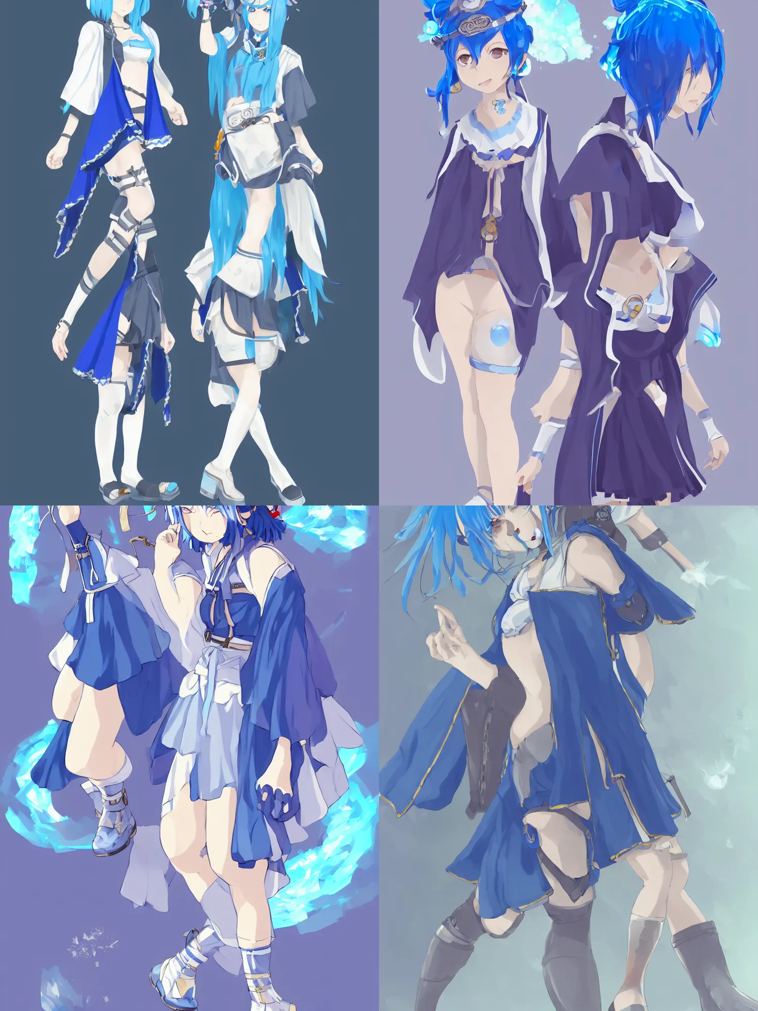 Prompt: a blue-haired traveller, alchemist girl, short hair, wearing a headband, short pale tunic and white stockings, high boots, azure cape, anime character; in the Japanese fantasy videogame; character concept art; trending on artstation, highly detailed, clean lineart, vector line art, clean, by Ilya kuvshinnikov