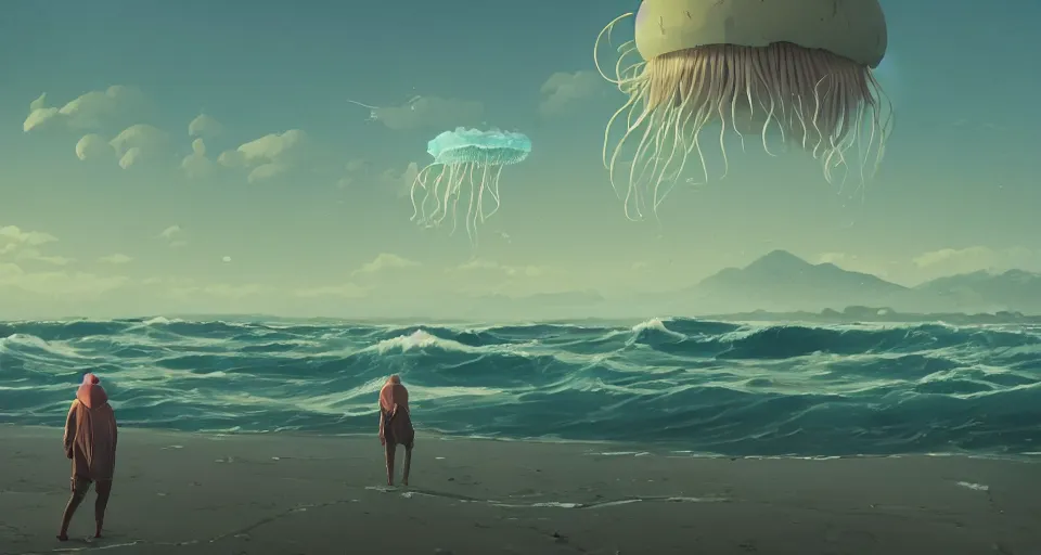 Prompt: A very beautiful serene coastal landscape scene with a GIANT MECHA JELLYFISH looming in the distance, bright sunny waves splashing on the beach, Translucent rendered by simon stålenhag, The Great Wave off Kanagawa, rendered by Beeple, Makoto Shinkai, syd meade, environment concept, digital art, starwars, unreal engine, 3 point perspective, WLOP, trending on artstation, low level, 4K UHD image, octane render,