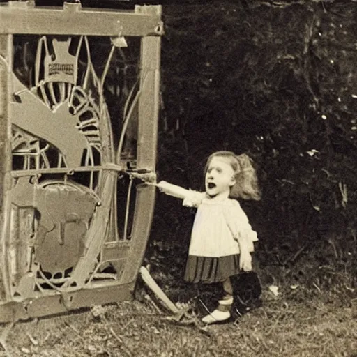 Prompt: photograph of a little girl being frightened of a bear trap