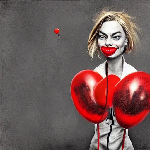 Image similar to surrealism grunge cartoon portrait sketch of margot robbie with a wide smile and a red balloon by - michael karcz, loony toons style, homer simpson style style, horror theme, detailed, elegant, intricate