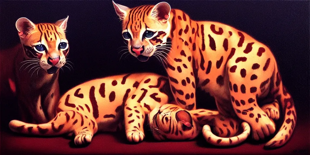 Image similar to ocelots in love, in the style of gottfried helnwein, high contrast chiaroscuro intricate composition, blue light by caravaggio, insanely quality, highly detailed, masterpiece, red light, artstation