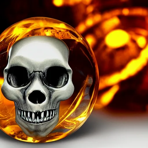 Prompt: a detailed alien skull encased inside amber sphere, photo realistic, hd,