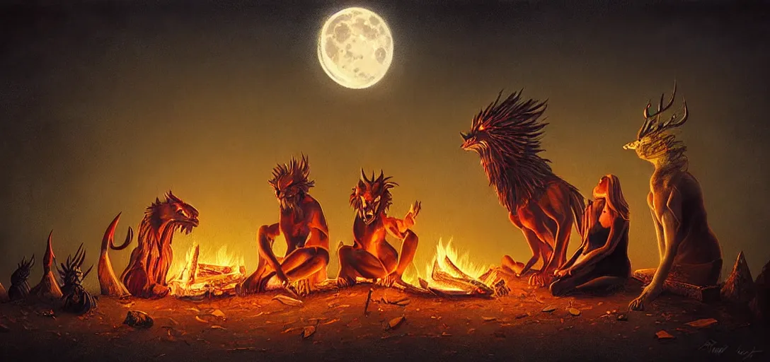 Image similar to strange mythical beasts of sitting around a fire under a full moon, surreal dark uncanny painting by ronny khalil