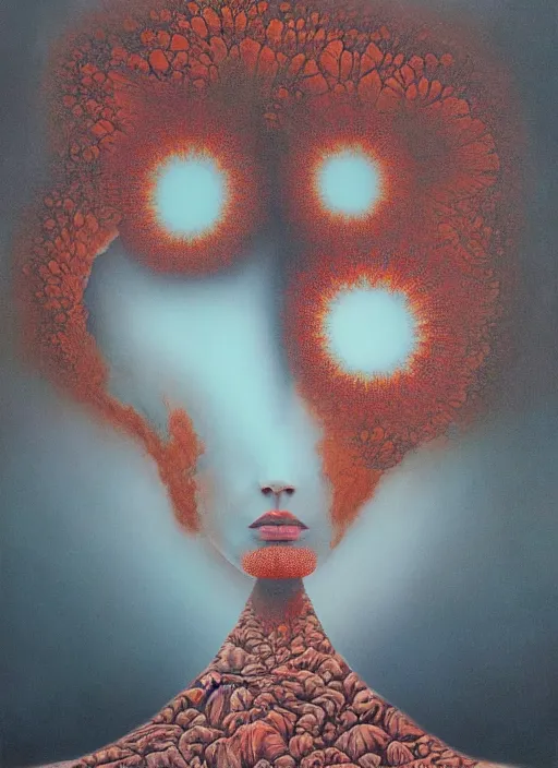 Image similar to dramatic portrait painting of woman with black mandelbrot fractal instead of face, in style of zdzisław beksinski,