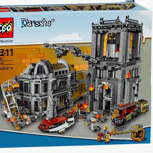 Prompt: incineration of dresden lego set