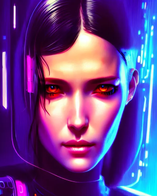 Image similar to portrait of a woman, cyberpunk, face, realistic, cute, fine details, Blade Runner, Cyberpunk 2077, vaporwave, shaded lighting, by artgerm and Villeneuve, artstation, deviantart