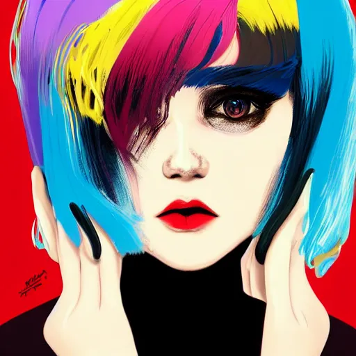 Prompt: ilya kuvshinov with long sky blue hair, gold eyes, amber eyes, boyish face, professional digital painting, black background, wild brush strokes, concept art, award - winning photography, cinematic, wlop, color block, yandere, pop, hip, art by andy warhol, pixiv art, yoshitaka amano