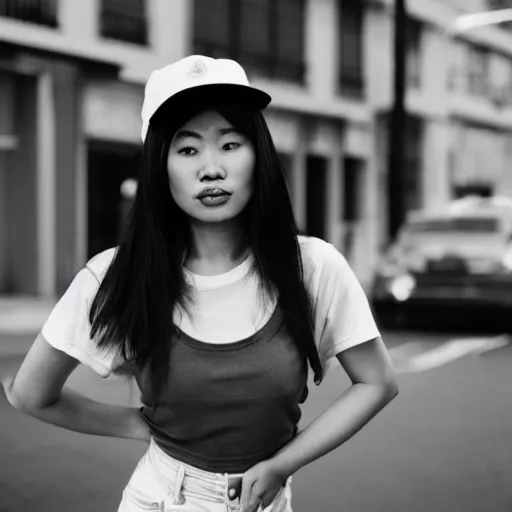 Prompt: street photography, asian woman wearing a black baseball cap and a white t shirt and high waisted mom jeans and white sneakers