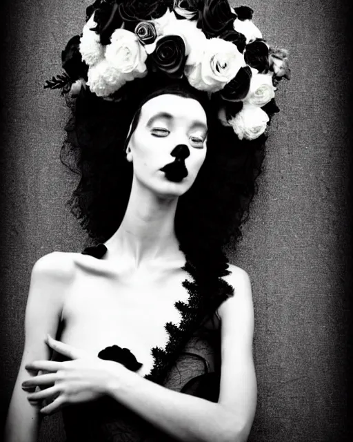 Image similar to dreamy surreal poetic black and white photo of a beautiful young female-cyborg-plant with a very long neck and a super big gothic lace collar and a very high big floral crown with many black dry roses by Vivienne Westwood:: smoke, high fashion, haute couture, rococo, avant-garde, elegant, dreamy, hyper realistic, 150 mm lens, soft rim light, octane render, unreal engine, picture was taken in 1910 by Dora Maar, volumetric lighting, dramatic light,8k,