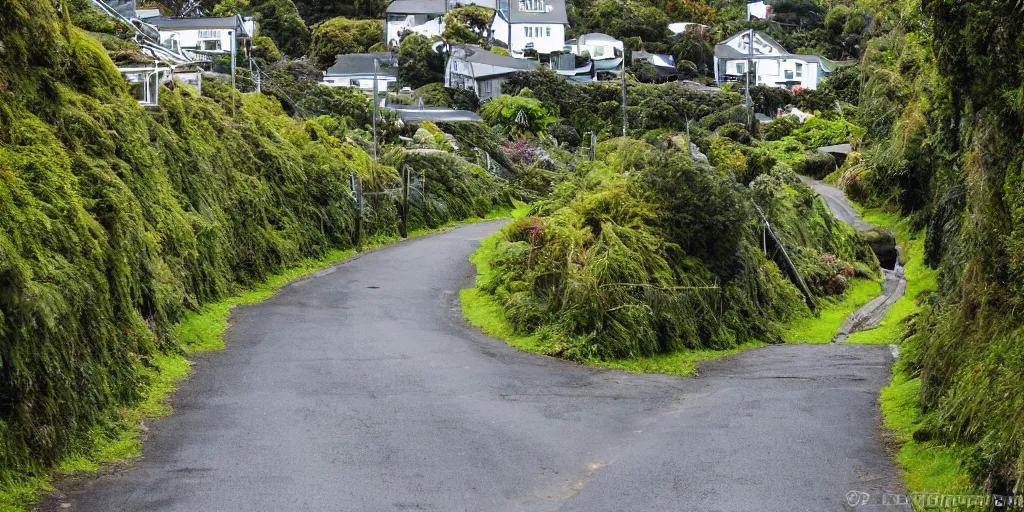 Image similar to a very steep street in wellington, new zealand lined by new zealand montane forest. podocarp, rimu, kahikatea, mountain cabbage trees, moss, vines, epiphytes, birds. windy rainy day. people walking in raincoats. 1 9 0 0's colonial cottages. harbour in the distance.