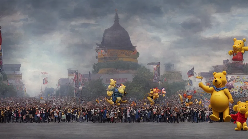 Image similar to giant winnie the pooh bear walking in the tiananmen square parade. andreas achenbach, artgerm, mikko lagerstedt, zack snyder, tokujin yoshioka