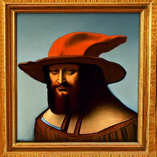 Image similar to an oil painting of a man in a hat, leonardo da vinci style,