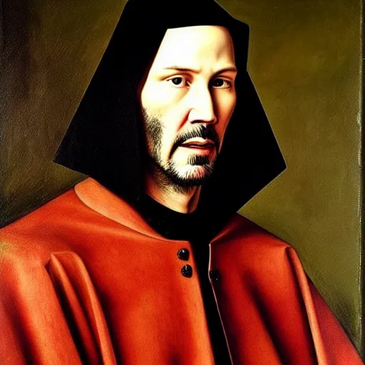 Image similar to portrait of keanu reeves, oil painting by jan van eyck, northern renaissance art, oil on canvas, wet - on - wet technique, realistic, expressive emotions, intricate textures, illusionistic detail